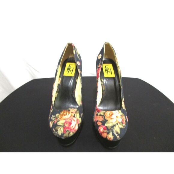 FRH Black Canvas Floral Pattern Platform Pumps Stiletto Heels Shoes Women Sz 8 - Picture 2 of 9